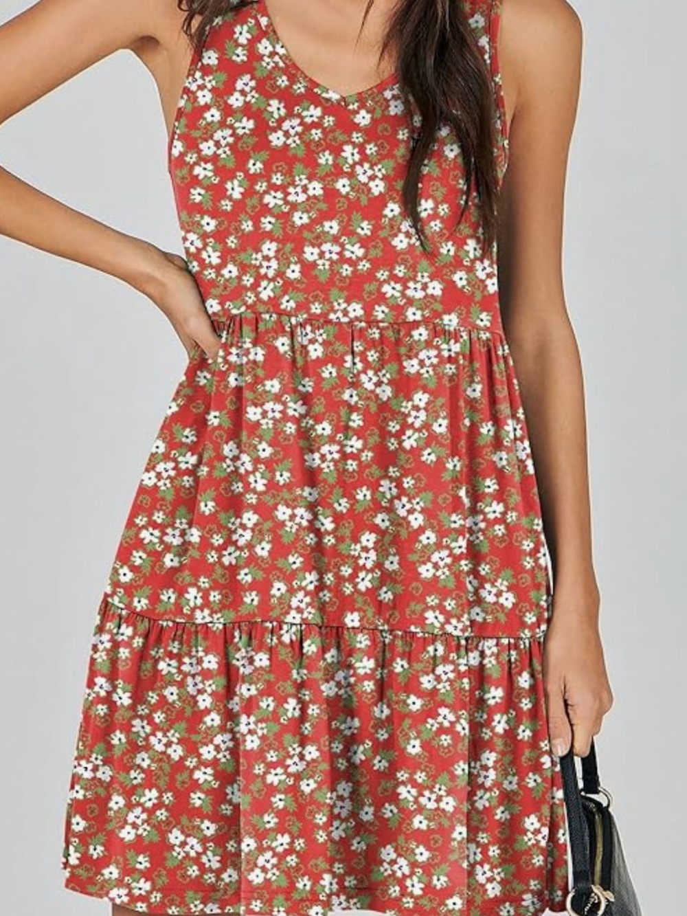 Sleeveless Red Floral Tiered Mini Dress